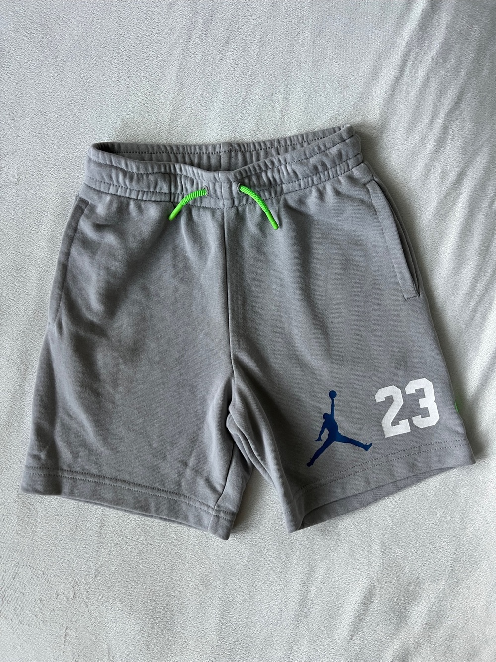 Boys Jordan Gray Athletic Shorts with Neon Green Drawcord